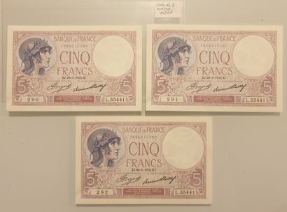 null BILLET FRANCE - Lot de 3 billets numéros consécutifs - 5 Francs Violet - 26-05-1933...