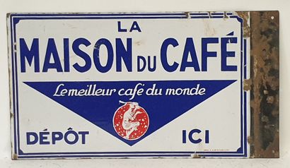 null PLAQUE en tôle émaillée double face "LA MAISON DU CAFE", dim. 33 x 60 cm.