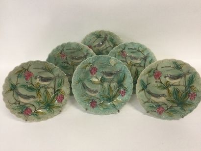 SERIES of 6 dessert plates in barbotine decorated...