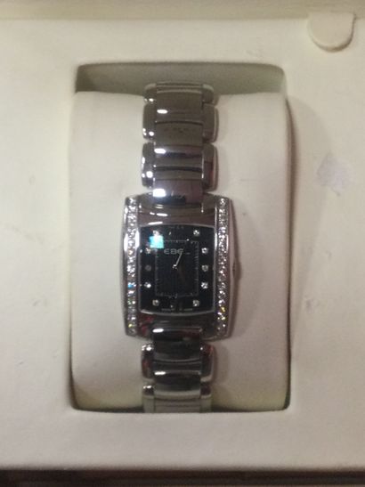 null EBEL, Lady's watch in stainless steel, BRASILIA model, black dial and diamonds,...