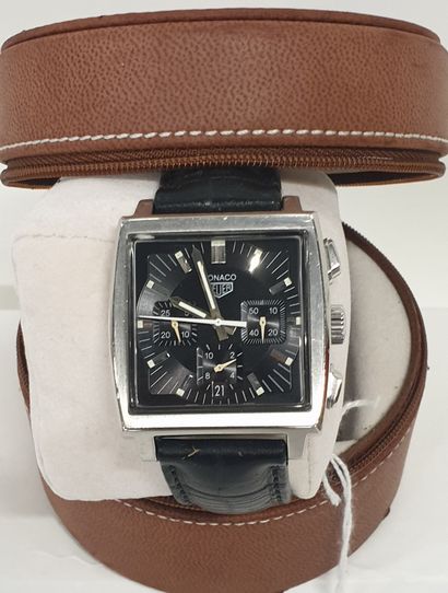 null TAGHEUER Men's chronograph date watch "MONACO" on leather model 0S2111