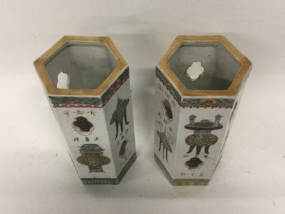 null CHINA, Pair of porcelain PORTS with hexagonal sections and openwork decoration...