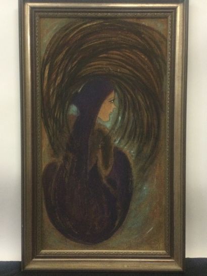 null Nalini JAYASURIA (XX), Méditation, huile sur isorel, SBD, Dim. 64 x 35 cm.
