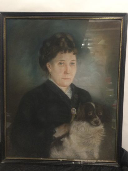 null Ecole française du XIXème, Portrait de femme au chien, Pastel sur papier rentoilé,...