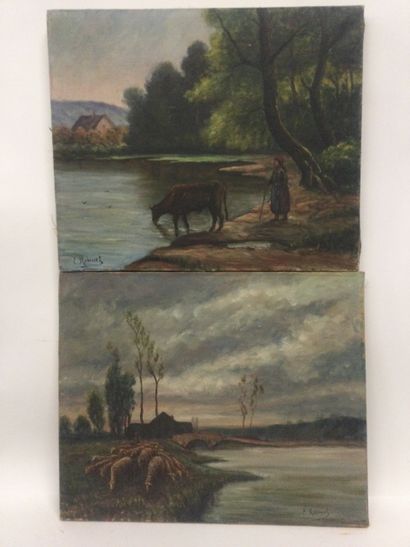 null E. ROBINET (XIX-XX), Paire d'huile sur toile. Paysage de campagne au berger...