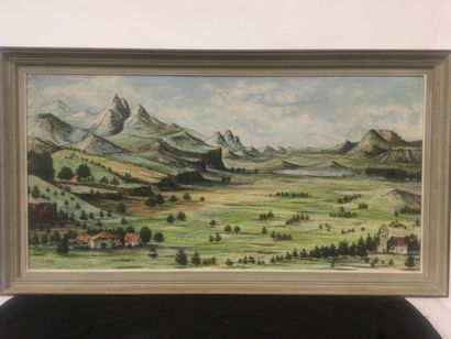 null C. MAHÉ (XXème), Paysage de plaine et montagne, HST, SBG, dim. 60 x 120 cm.