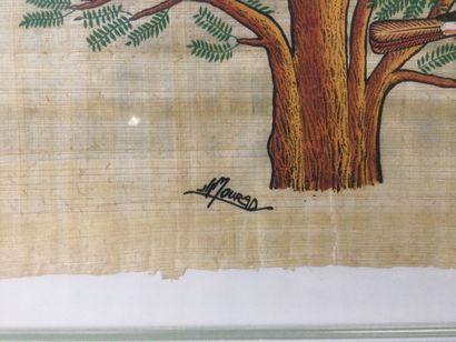 null Artiste du XXème, travail egyptien, L'arbre de vie, huile sur papyrus, signé...