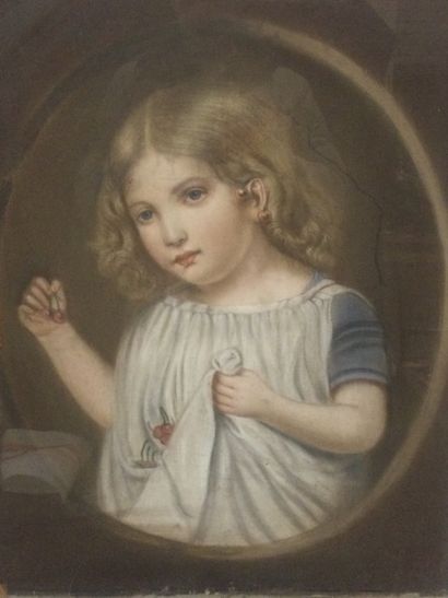 null Artiste du XXème, Jeune fille aux cerises, Pastel, dim. 65 x 54 cm. Encadrée...