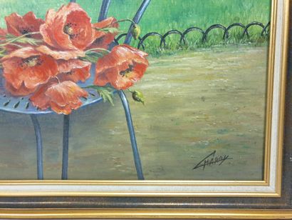 null Claude CHAROY (1931-2020), Nature morte au bouquet de fleurs et au salon de...