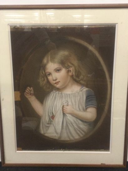 null Artiste du XXème, Jeune fille aux cerises, Pastel, dim. 65 x 54 cm. Encadrée...