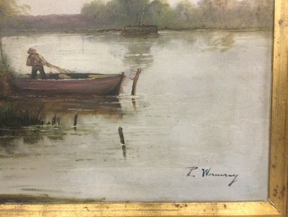 null P. WORMSAY (XXème), Pêcheur et sa barque en bord de lac, HST, SBD, dim. 73 x...