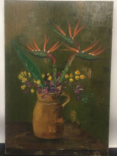 null Artiste du XXème, Bouquet d'oiseaux de paradis dans un vase, HST, Dim. 73 x...
