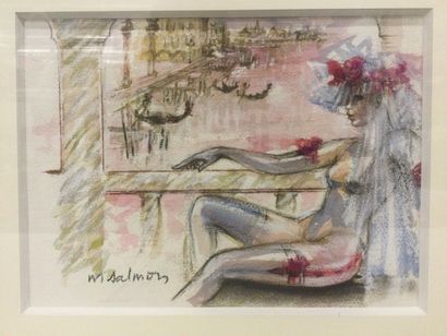 null Michèle SALMON (1946), Honey moon in Venice, Aquarelle et crayon gras, SBD,...