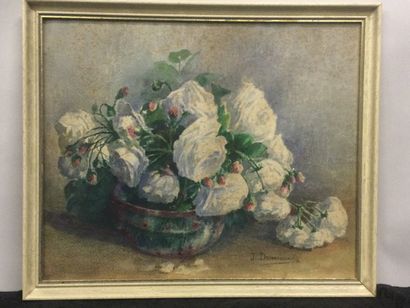 null Jeanne DESMAISON (XIX-XX), Bouquet de roses blanches, aquarelle et crayon ,...