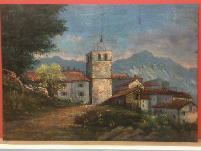 null Emile BROYER (XXème), Vue de village au campanile, HSP, SBG, dim. 45 x 64 c...