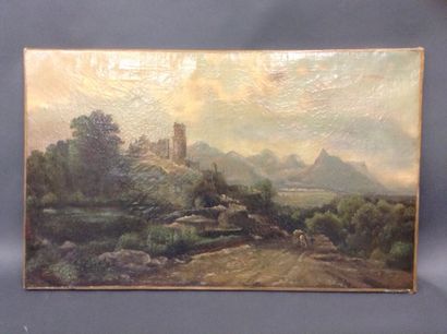 null Ecole Suisse du XIXème, Château en montagne, HST, dim. 50 x 82 cm. (ré-ento...