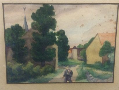 null Louis COLIN (XX), Vue de village, aquarelle sur canson, SBD, dim. 28 x 37 à...