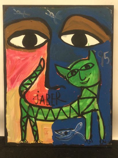 null JABER (Jaber AL MAHJOUB 1938), Le chat vert, acrylique sur toile, SBC et datée...
