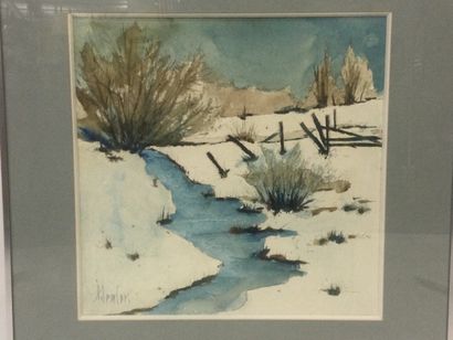 null Artiste du XXème, Ruisseau dans un paysage d'hiver, encre et aquarelle, signature...
