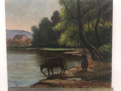 null E. ROBINET (XIX-XX), Paire d'huile sur toile. Paysage de campagne au berger...