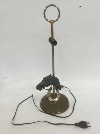  Brass lamp base with bust and horseshoe decoration