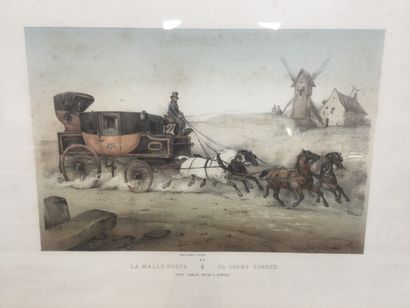 null 3 engravings : The Mail-Carriage, El Coche Correo, carriage pulled by 5 horses,...