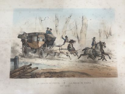 null 3 engravings : The Mail-Carriage, El Coche Correo, carriage pulled by 5 horses,...