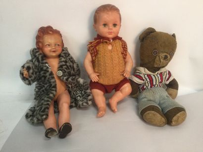 null lot de 2 POUPÉES et 1 OURS EN PELUCHE ancien