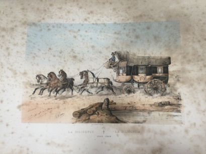 null 3 gravures : La Malle-poste, El Coche Correo, calèche tirée par 5 chevaux, Dim....