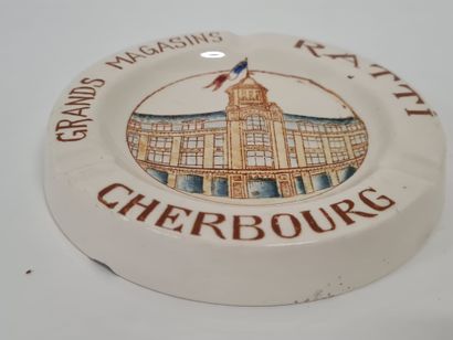 null LONGWY, Cendrier publicitaire "Grand Magasins RATTI Cherbourg", décor polychrome...