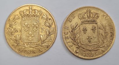 null Louis XVIII 2 monnaies de 20 Francs or, 1815 A et 1818 A, poids : 6,41 g et...