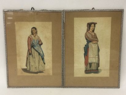 null Paire d'aquarelles figurant deux femmes en tenues traditionnelles, travail début...