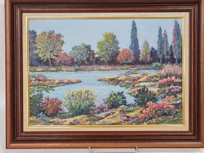 null Maurice-Paul CHEVALIER (1892-1987), Paysage fleuri en bord de rivière, Huile...