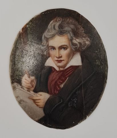 null Miniature ovale sur ivoire, portrait présumé du compositeur Hector Berlioz,...