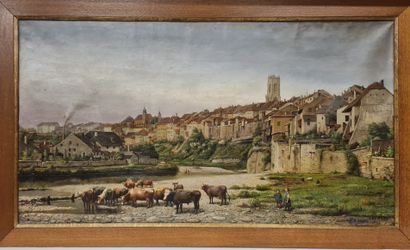 null Ecole Suisse du XIXème, jeunes vachers devant la ville de Freiburg (suisse),...