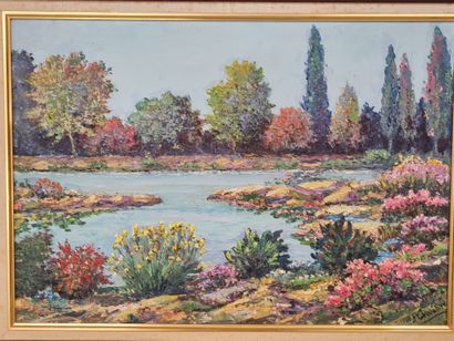 null Maurice-Paul CHEVALIER (1892-1987), Paysage fleuri en bord de rivière, Huile...