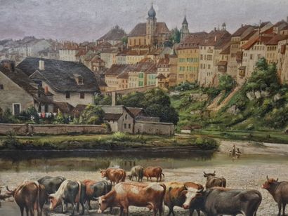 null Ecole Suisse du XIXème, jeunes vachers devant la ville de Freiburg (suisse),...