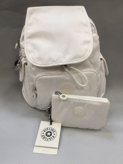 null Kipling, ensemble sac à dos et porte monnaie en toile, blanc, ht. 30 cm