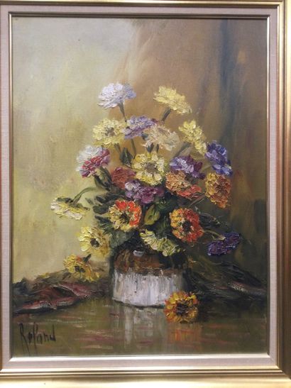 null ROLAND (XXème), Bouquet de fleurs, HST, SBG, Dim. 63 x 50 cm.