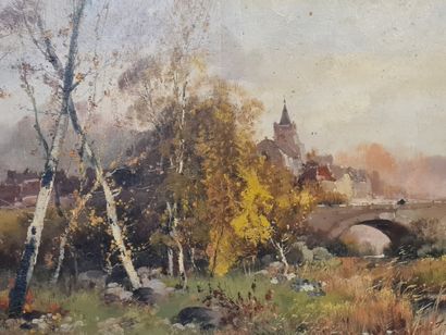 null Eugène GALIEN-LALOUE (1854-1941) Bord de rivière au pont, Huile sur toile, Signé...