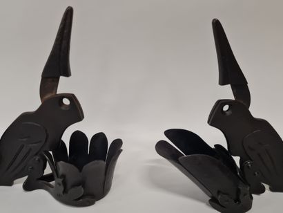 null Anonymous work, Pair of blackened iron cigar cutters forming a couple of birds,...