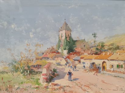null Eugène GALIEN-LALOUE (1854-1941) Vue animée d'un village, technique mixte Aquarelle...