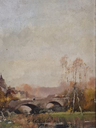 null Eugène GALIEN-LALOUE (1854-1941) Bord de rivière au pont, Huile sur toile, Signé...