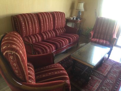  Canapé en tissu rouge à décor floral et ses 2 fauteuils