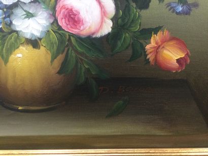 null D. BACON (XXème), Bouquet de fleurs dans un vase, HST, SBD, Dim. 40 x 50 cm