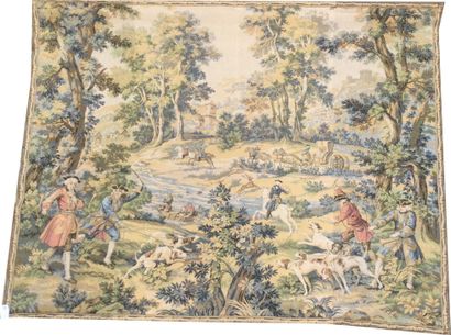 null TAPISSERIE en laine à décor d'une scène de chasse à cours, Dim. 140 x 180 c...