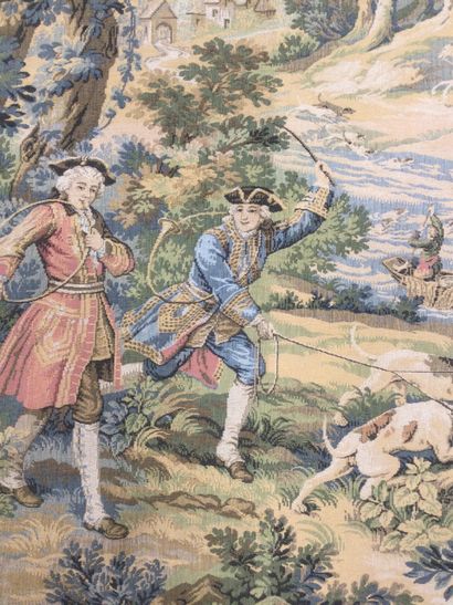 null TAPISSERIE en laine à décor d'une scène de chasse à cours, Dim. 140 x 180 c...
