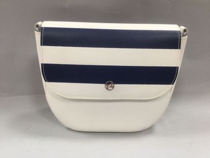 null TEXIER, white leather handbag with navy blue stripes, H. 20 cm