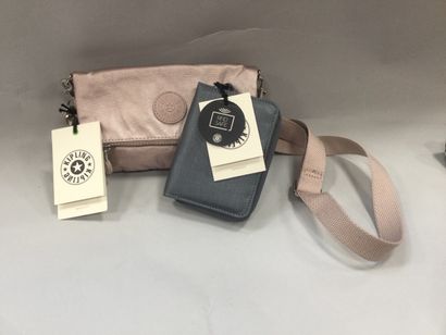 null KIPLING, set of small clutch bag in old pink canvas and wallet in blue-gray...