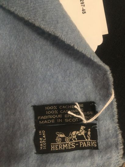 null HERMES, Paris, 100% light blue cashmere double-sided scarf with fringed edges....